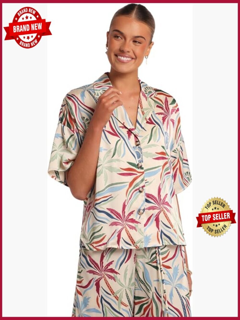 Short Sleeve V-Neck Blouse with Button Front Floral Print